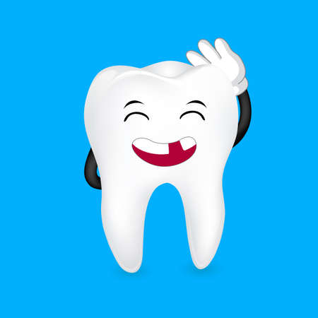歯のぐらぐらの歯の文字 面白いイラストです 歯科医療の概念に最適です 青の背景に分離したの図 のイラスト素材 ベクタ Image