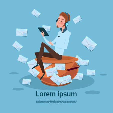 Man using tablet computer send message internet texting chat communication flat vector illustration