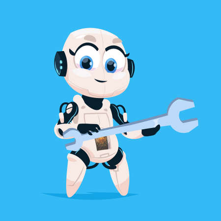 かわいいロボットは青い背景現代技術人工知能概念フラット ベクトル イラスト上ロボット少女分離アイコン Selfie 写真を撮るのイラスト素材 ベクタ Image 7716