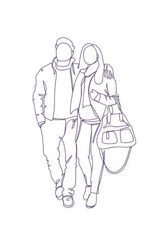 お互いを見つめ合うシルエットカップル 白い背景ベクトルイラストの上に落書き男と女の抱擁 のイラスト素材 ベクタ Image