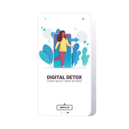 Woman coming out of cellphone digital detox concept girl escaping from digital addiction Stock Photo