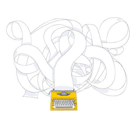 Yellowtypewriter and long paper hand drawn with paper cute art illustration