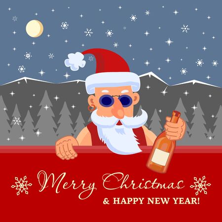 Bad Santa Claus with bottle of booze. Merry Christmas and Happy New Year Holiday greeting card