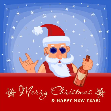 Bad Santa Claus with bottle of booze. Rock-N-Roll. Merry Christmas and Happy New Year Holiday greeting card