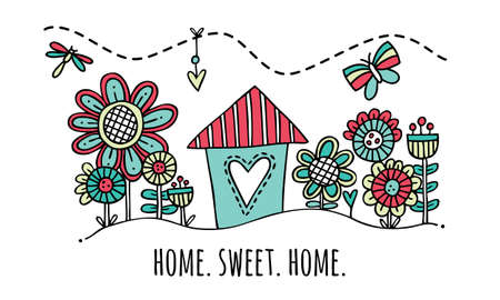 Home Sweet Hand Drawn Vector Illustration Cute Colorful House And Garden With The Words Home Sweet Hand Drawn Vector Illustration Cute Colorful House And Garden With The Words