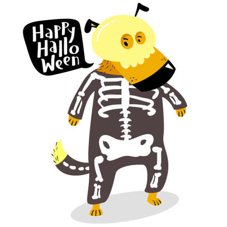 halloween dog character in skeleton costume with skull and bones happy halloween lettering in speech
