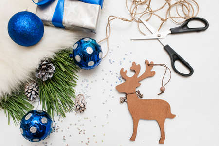christmas and new year handmade wooden deer with ornament blue balls - Wooden Deer Christmas Decorations christmas and new year handmade wooden deer with ornament blue balls - Wooden Deer Christmas Decorations