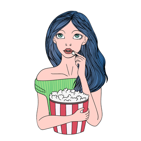 ポップコーンの大きなカップでかわいい女の子 映画館で若い女性 ベクトルの肖像画イラスト 白い背景で隔離 のイラスト素材 ベクタ Image ポップコーンの大きなカップでかわいい女の子 映画館で若い女性 ベクトルの肖像画イラスト 白い背景で隔離 のイラスト素材 ベクタ Image