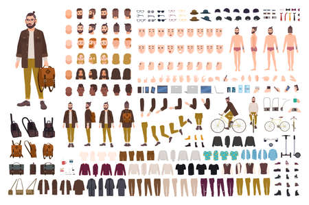男性漫画キャラクターのボディ パーツの肌タイプ 顔のジェスチャー ヘアスタイル 流行の服のセット スタイリッシュなアクセサリーのデザインの図 のイラスト素材 ベクタ Image