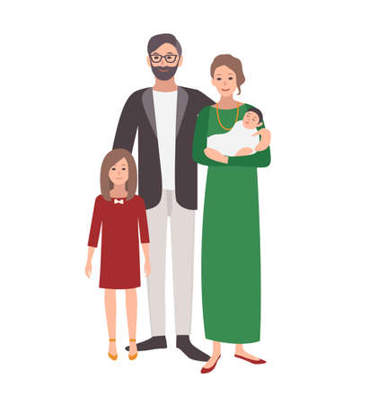 幸せなアフリカ系アメリカ人の家族 父 生まれたばかりの子供を抱いた母親 10代の息子が一緒に立っています 白い背景に孤立したかわいいフラット漫画のキャラクター カラフルなベクトルイラスト のイラスト素材 ベクタ Image