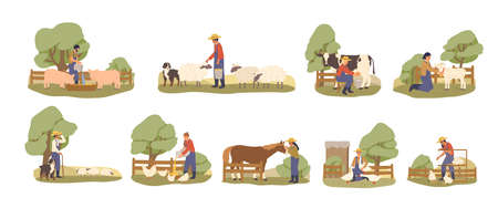 Set of various cartoon farmers taking care domestic animals flat illustration. collection of character farmhand working at countryside isolated on white background. rural lifestyle concept.