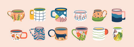 Collection of different modern cups decorated with design elements vector flat illustration. set of colored mugs filling by beverages isolated. cute trendy crockery with handle for drink