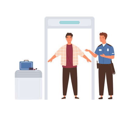 Passenger passing through metal x-ray scanner with his luggage on belt. officer controlling travelers and baggage at airport security check point. flat vector illustration isolated on white background Ilustrações vetoriais