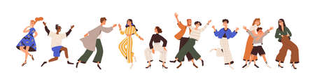 Set of happy joyful people having fun, rejoicing, dancing, fooling around with positive emotions. laughing cheerful young men and women. colored flat vector illustration isolated on white background