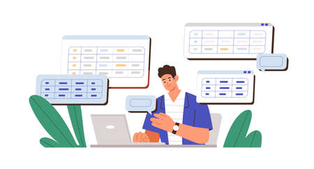 Man working with big data and databases, using laptop and excel tables. office worker making analysis and report with spreadsheets on computer. flat vector illustration isolated on white background Man working with big data and databases, using laptop and excel tables. office worker making analysis and report with spreadsheets on computer. flat vector illustration isolated on white background