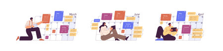 People plan schedules in online calendar with mobile phone app. Person setting tasks to do, reminder and note in business planner in smartphone. Flat vector illustrations isolated on white background