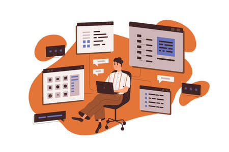 Cms management and development, web-site content administration concept. administrator working with data base, information technology systems. flat vector illustration isolated on white background wektory
