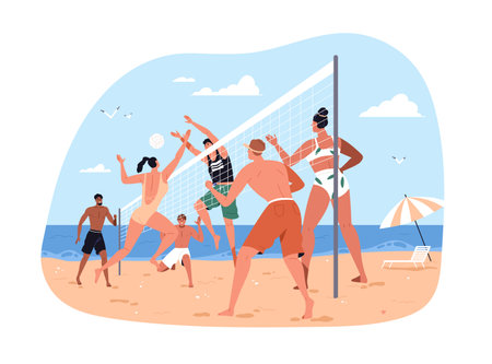 Summer beach volleyball. young people friends playing volley ball with net on sand court at sea shore, seaside on summertime holiday. flat graphic vector illustration isolated on white background
