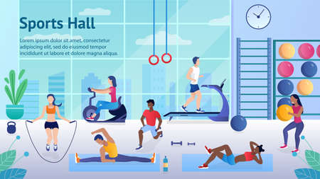 Diverse people at the gym do different exercises jump on a skipping rope run on treadmills do fitness and use the exercise bike sporty and beautiful. healthy lifestyle flat cartoon vector illustration Vector Illustration