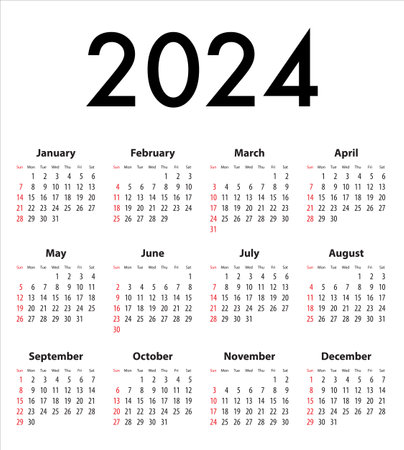 English calendar grid for 2024 best for calendar print business web design office needs and presentations sundays first vector illustration