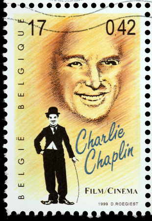 BELGIUM - CIRCA 1999: a stamp printed by BELGIUM shows image portrait of famous British comic actor and filmmaker Sir Charles Spencer Charlie Chaplin, circa 1999. Editorial