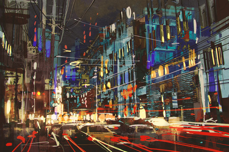カラフルなライトと夜の街のデジタル絵画は。 の写真素材・画像