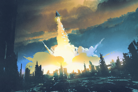 rocket launch take off from an abandoned city,sci-fi concept,illustration painting - 70167788