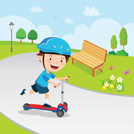 Boy learn to ride scooter Иллюстрация