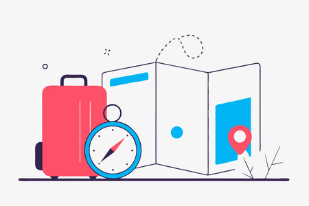 travel suitcase, map, compass, red, blue, white clip art preview