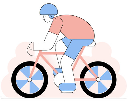 cyclist riding bike, pink, blue, white, flat style clip art preview