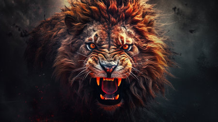 迫力あるライオン 鮮やかな色と抽象的な形の背景に設定された、強烈な視線を持つ強力な