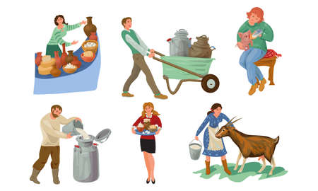 Collection set of different farmer people characters in various actions. feeding farm animals concept. isolated icons set illustration on a white background in cartoon style. Stock Photo
