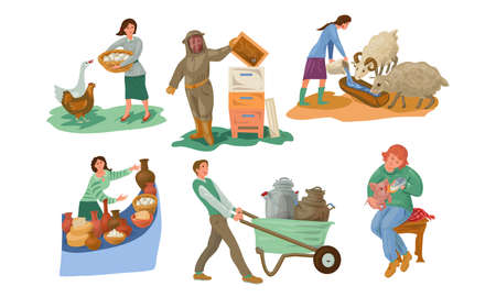 Collection set of different farmer people characters in various actions. feeding farm animals concept. isolated icons set illustration on a white background in cartoon style.