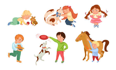 Set of isolated hand drawn children boys and girls petting, feeding and playing with animals over white background vector illustration. happy childhood concept