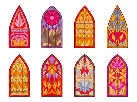 Set of stained glass patterns with flowers and leaves. Colorful