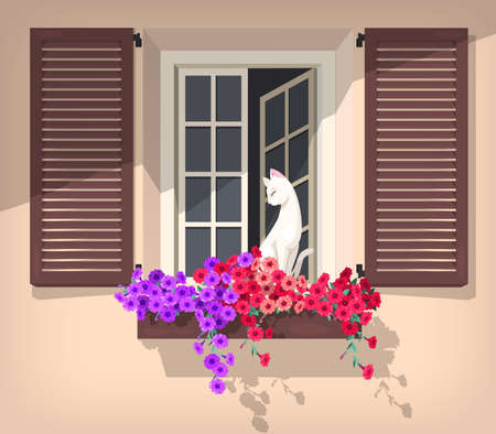 Illustration of open window with petunia and the cat