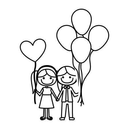 多くの風船を持つ少年と心ベクトル図の形状のバルーンとの彼女の風刺漫画の白黒の輪郭のイラスト素材 ベクタ Image