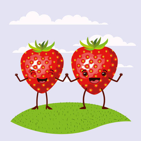 Color scene set sky landscape and grass with couple expressive strawberries fruits kawaii holding hands vector illustration