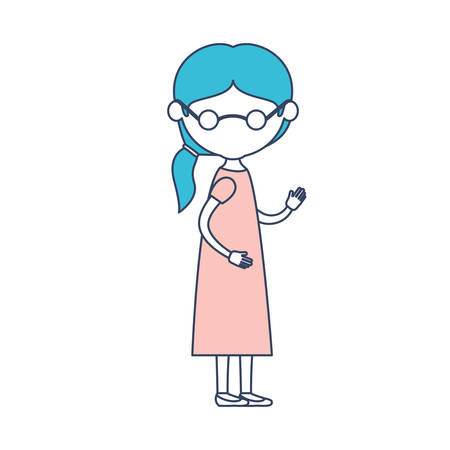 ドレス側ポニーテールの髪型と色セクション シルエット ベクトル図でメガネで顔似顔絵全身の年配の女性 のイラスト素材 ベクタ Image