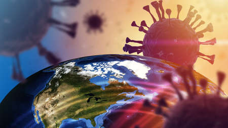 Omicron molecules. covid-19 variant coronavirus bacteria close-up. globe next to giant bacteria strain delta. new african pandemic mutation. 3d rendering of planet earth. Фото со стока