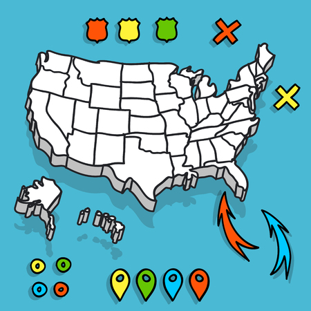 hand drawn us map whith map pins vector illustration royalty free