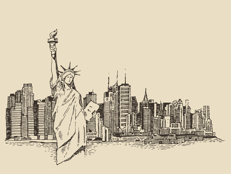 前方ベクトル ヴィンテージ刻まれたイラスト手描きのスケッチに自由の女神像とニューヨーク市建築のイラスト素材 ベクタ Image