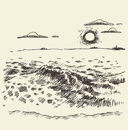 Sunset landscape vector: Mặt phong cảnh được vẽ bằng đường biển và mây lúc hoàng hôn vector cổ điển minh họa phác thảo