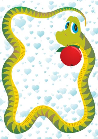 The snake keeps in his mouth a red apple