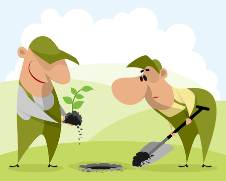 Vector illustration of gardeners planting