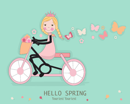 春の花や蝶と自転車に乗ってかわいい女の子のイラスト素材 ベクタ Image