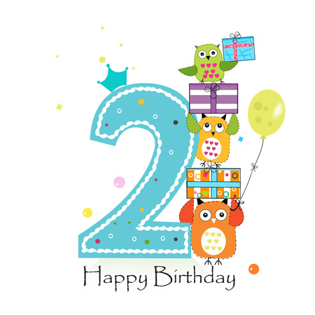 Happy second birthday with owls and gift box. Baby boy birthday greeting card vector illustration