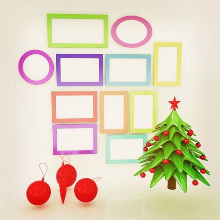Set Of Christmas And New Year Frames Tree 3D Render Vintage Style Set Of Christmas And New Year Frames Tree 3D Render Vintage Style