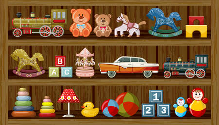 Wooden Show Window Of Shop With Vintage Toys Vector Illustration Wooden Show Window Of Shop With Vintage Toys Vector Illustration