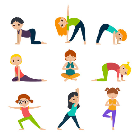 ヨガの男の子 かわいいヨガの子供たちを設定します 白い背景の平面ベクトル イラスト のイラスト素材 ベクタ Image